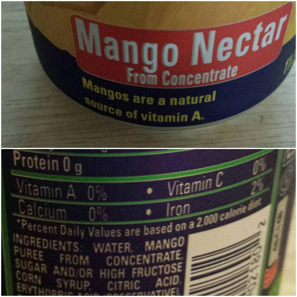 Mango nectar label says mangos are a source of Vitamin A but the nutritional value label says 0% vitamin A