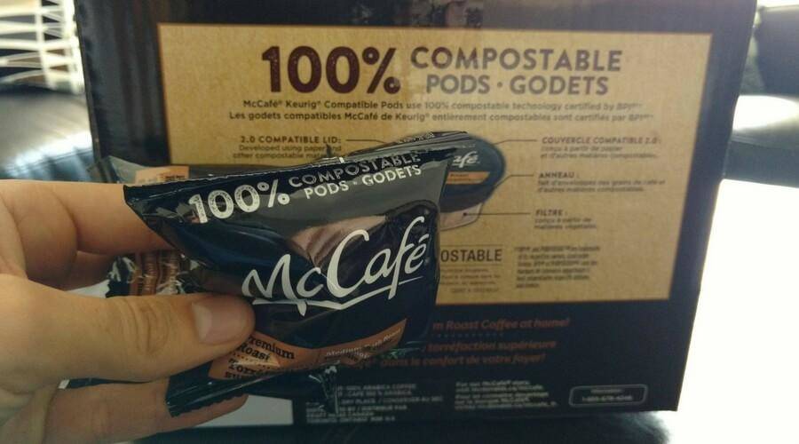 mccafe 100% compostable pod wrapped in 0% compostable packaging