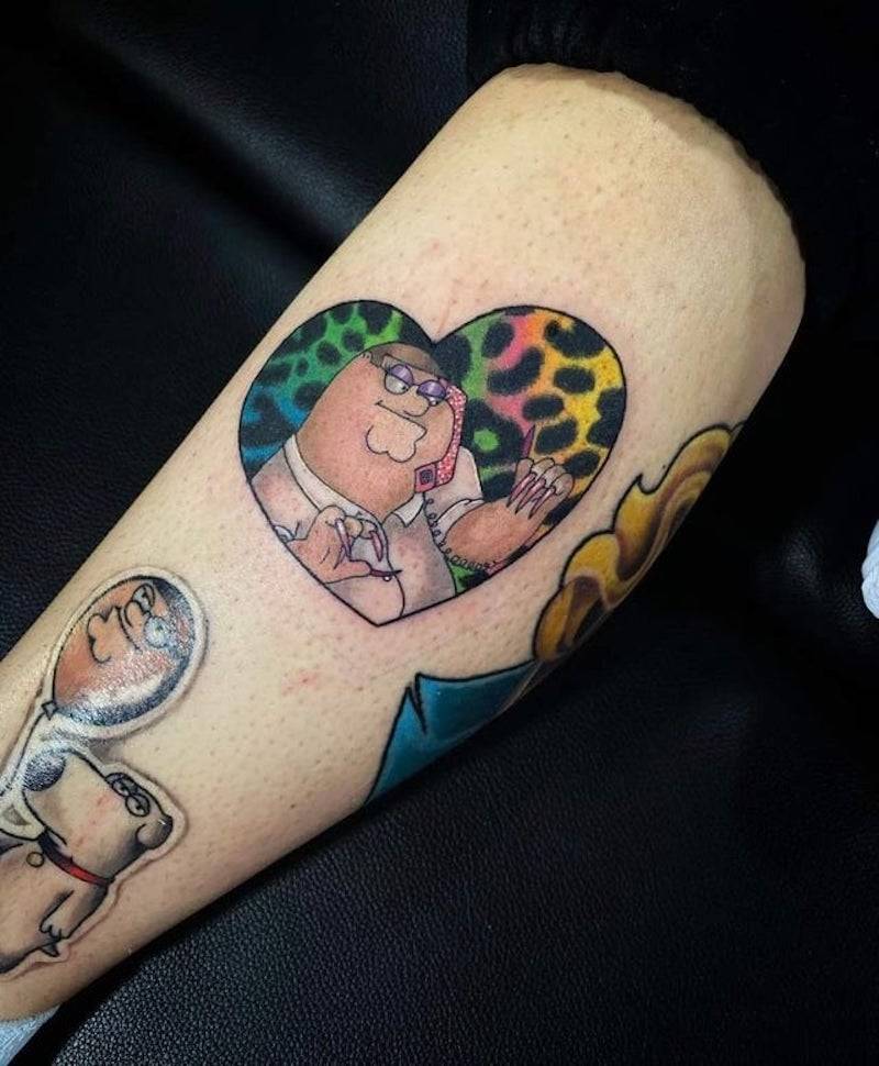 Family Guy sticker tattoos on arm 