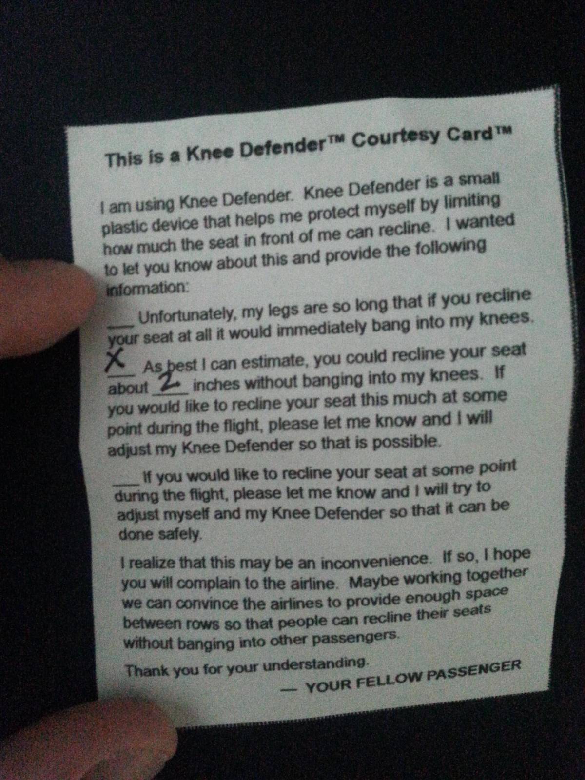 Note to fellow passenger asking them not to recline their airplane seat and to complain to the airline