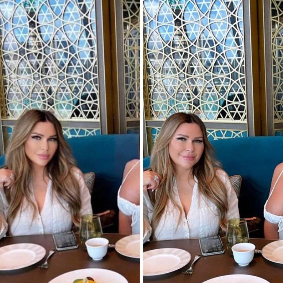 Woman sitting in a booth at a restaurant. Real photo and Photoshopped version