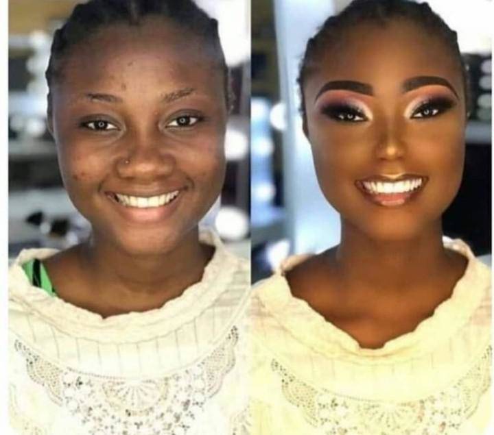 Woman in a white sweater on the left and the same picture on the right that has been heavily edited 