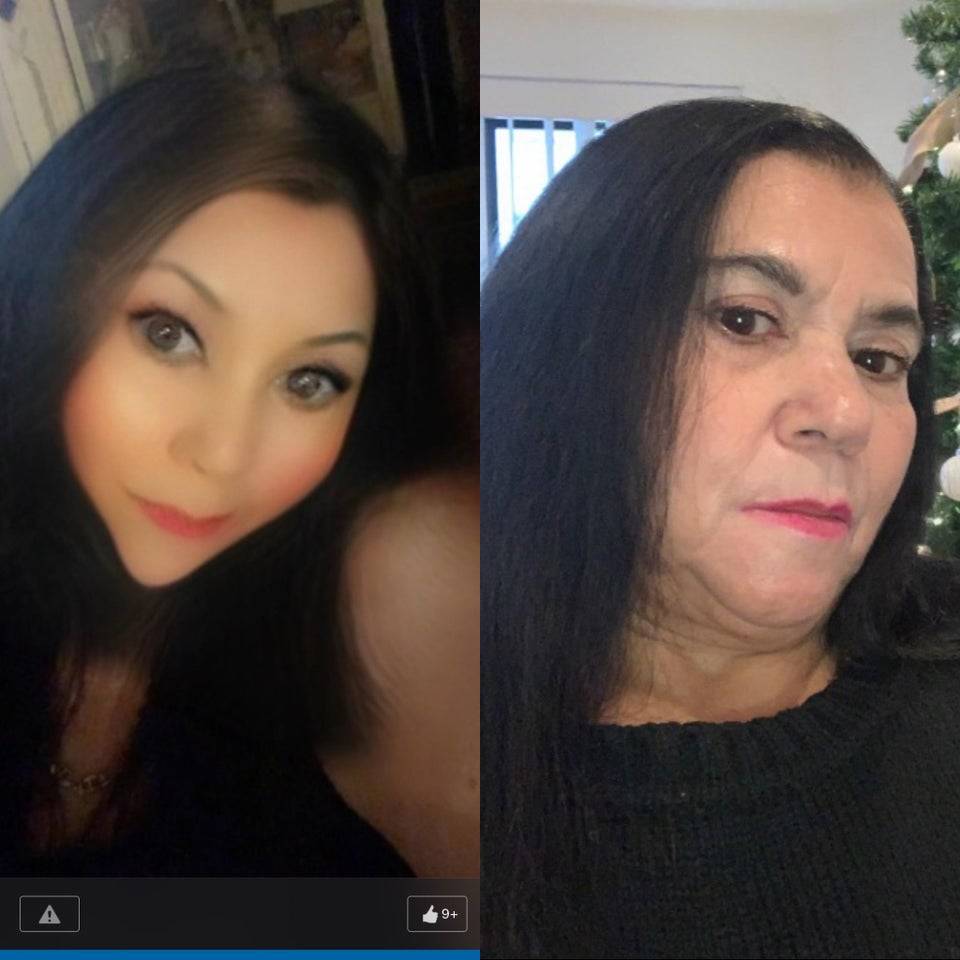 Woman with black hair and a very edited face on the left.  The same woman on the right not edited.