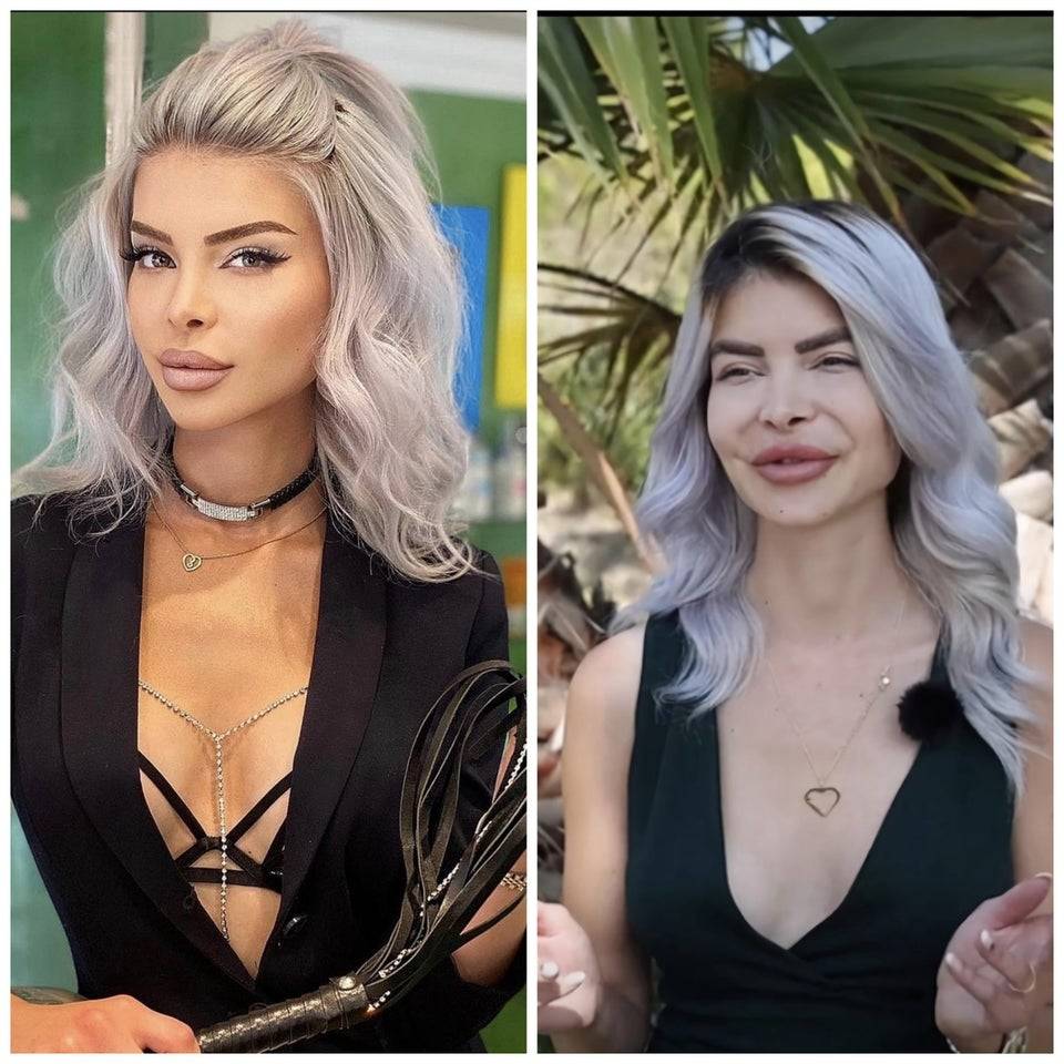 Woman in a black suit and her hair up on the left.  The same woman on the right in an unedited picture.