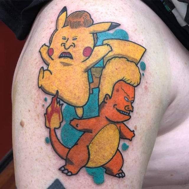 Beavis and Butthead tattoo combined with Pikachu and Charmander tattoo 