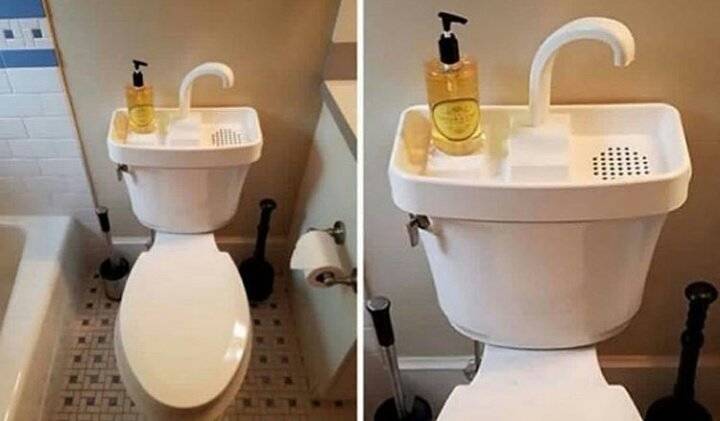 Toilet with a sink over the back of it.