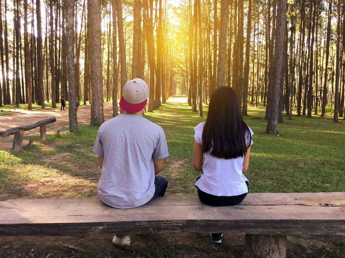 Couple sitting on bench in woods talking