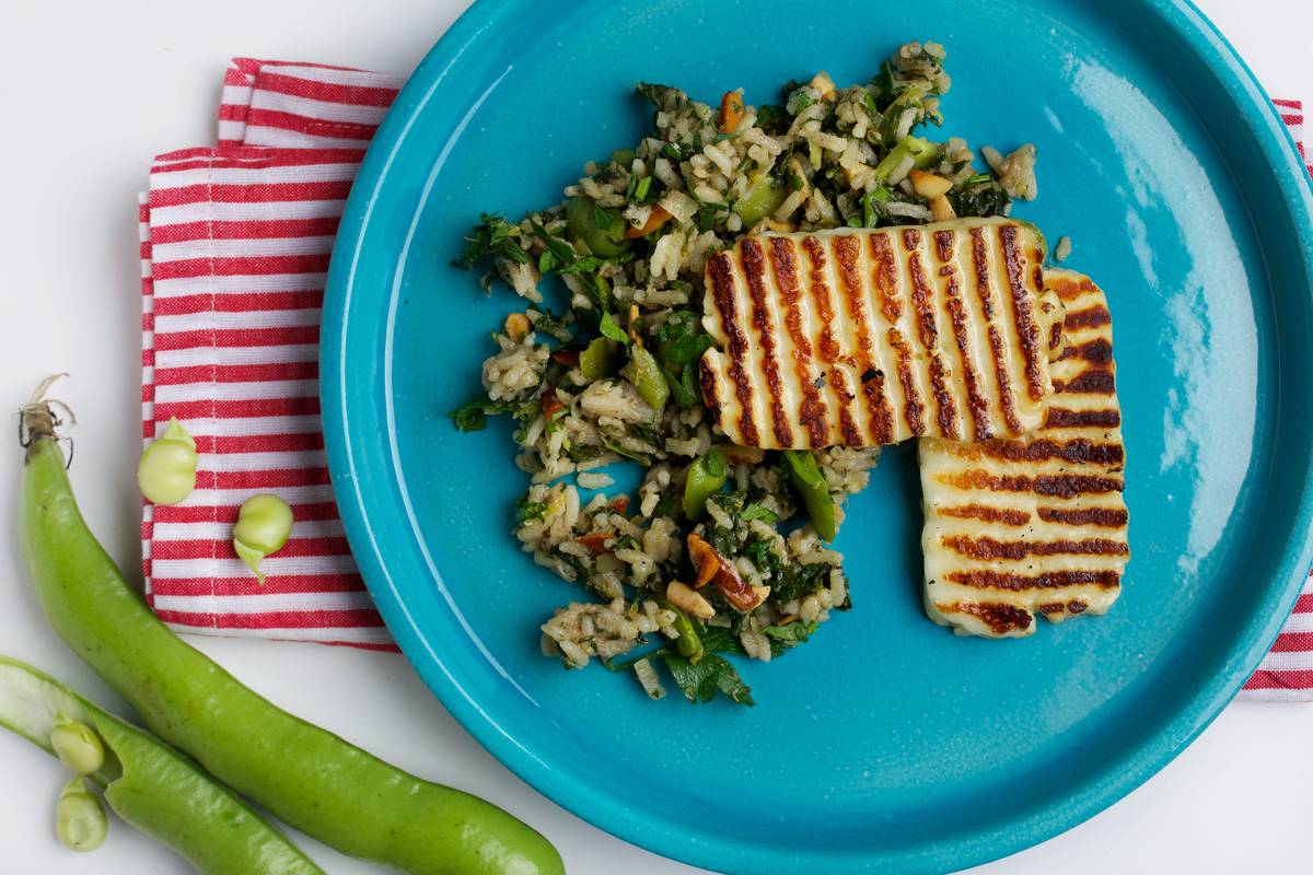 Fava Bean and Spinach Pilaf With Fried Halloumi...