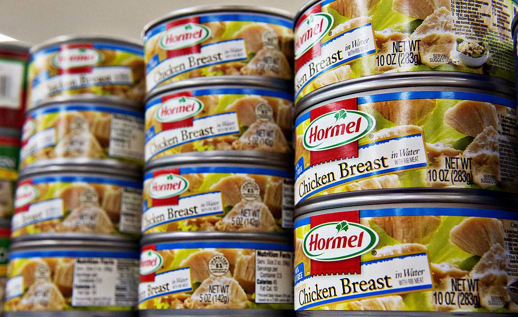 Hormel Foods Corp. canned chicken breast sits on display in a supermarket