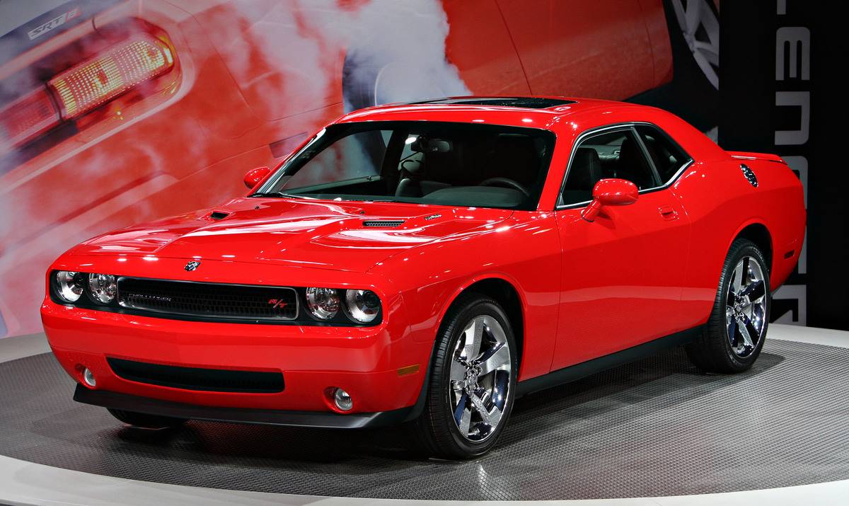A Dodge Challenger R/T sits on stage during a media preview