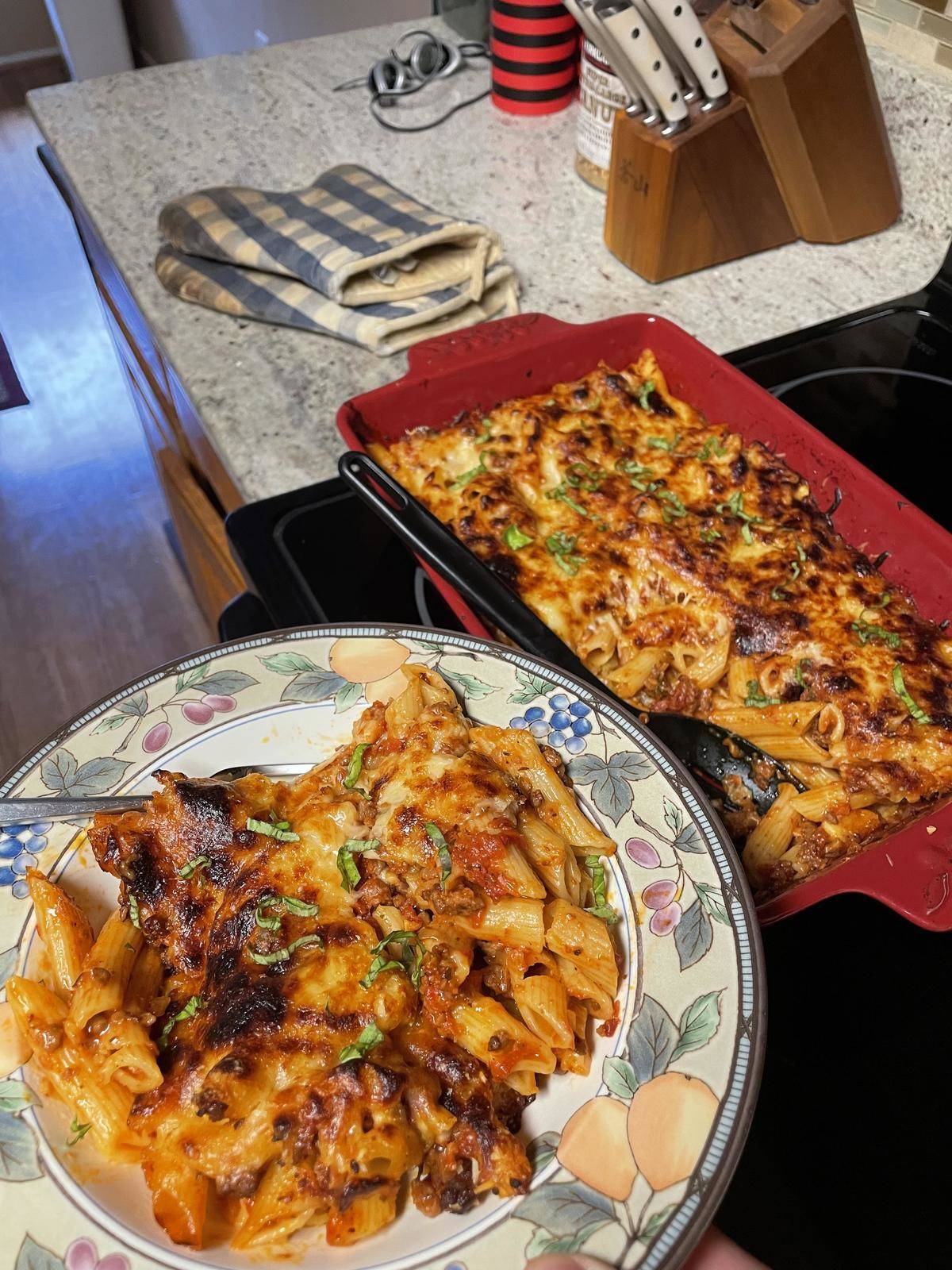 Baked Ziti beyond meat dish on kitchen table