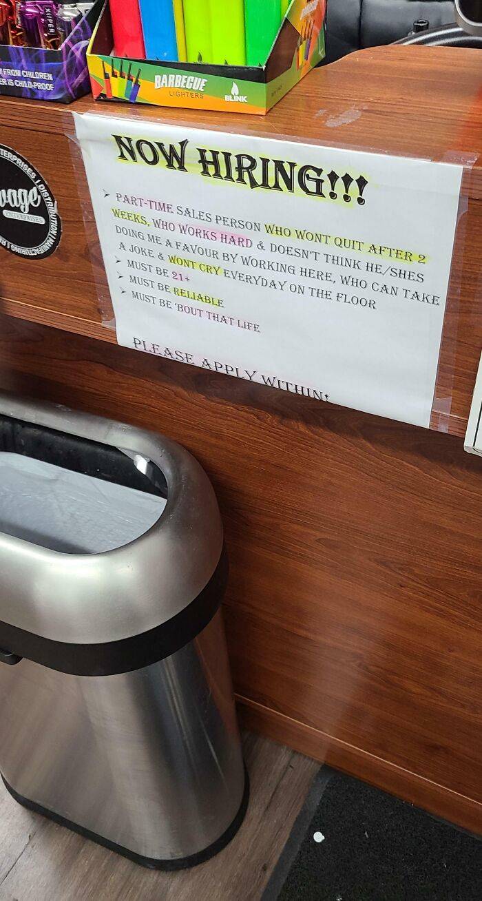 Now hiring part time sales person who won't quit after two weeks