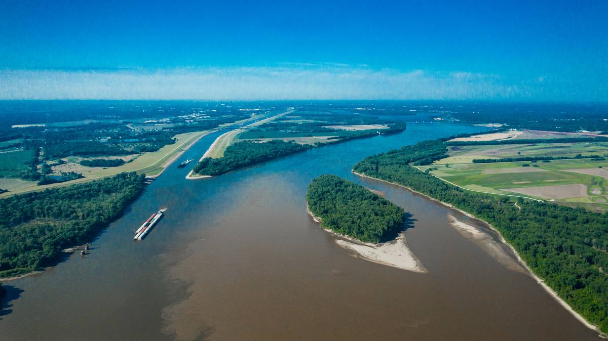 Confluence of Missouri and Mississippi rivers near St. Louis Mo. and Alton, Illinois view from Drone