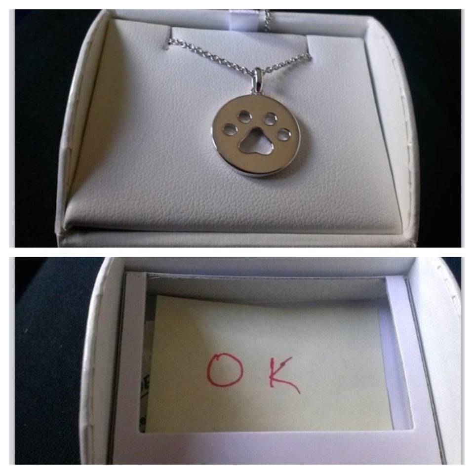 dog necklace gift from husband to wife with note saying she can finally get dog she keeps asking for