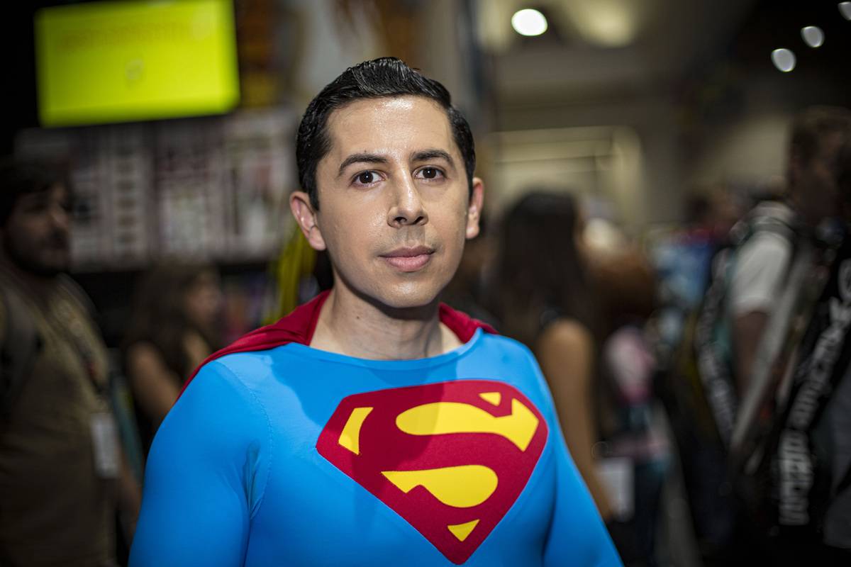 Cosplayer Sabino Camacho as Superman poses at 2019 Comic-Con International on July 19, 2019 in San Diego, California.