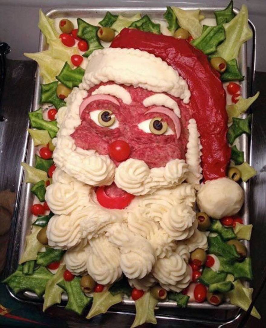 beef and mashed potato dish arranged to look like Santa Claus