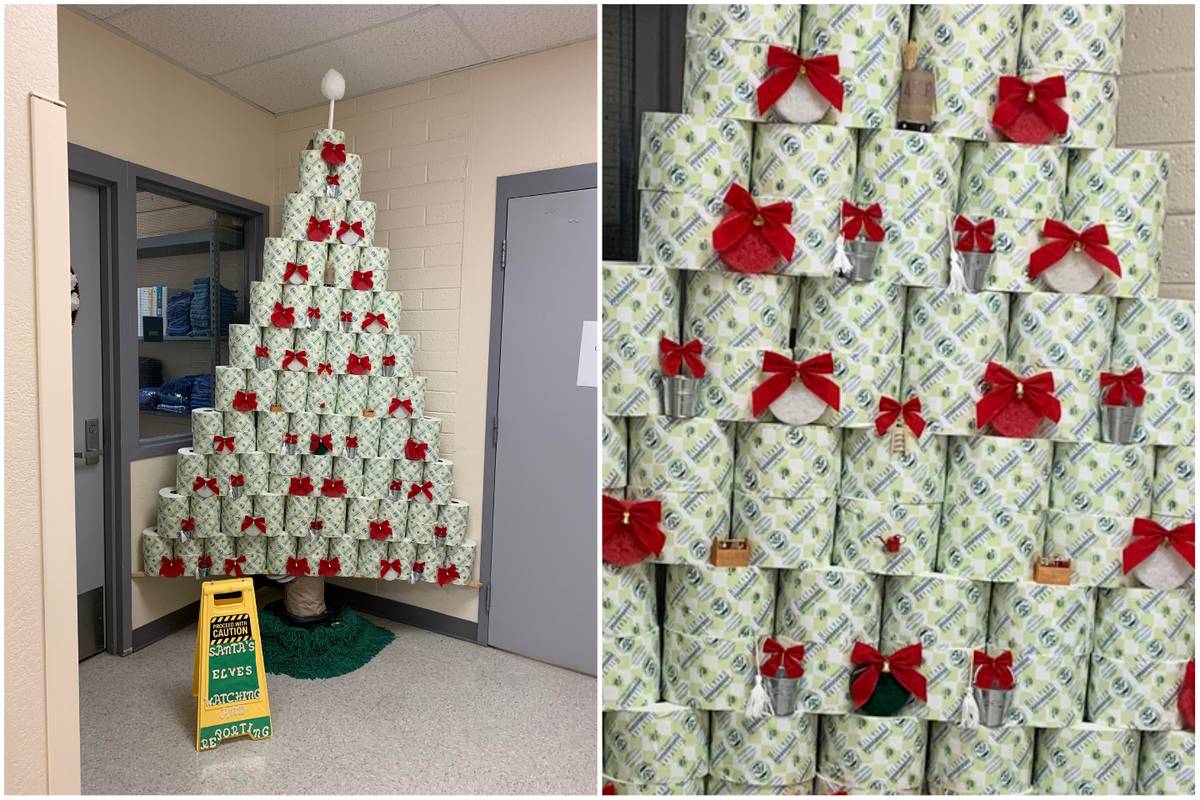 Christmas tree made out of toilet paper rolls and toilet brush