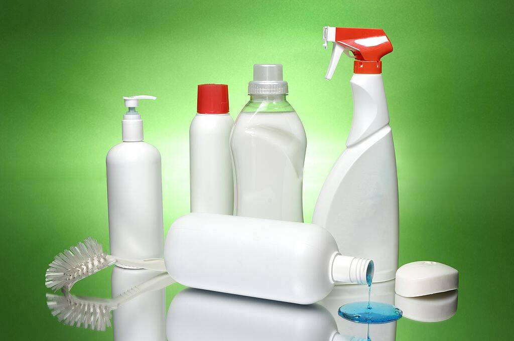 Plastic cleaning product bottles