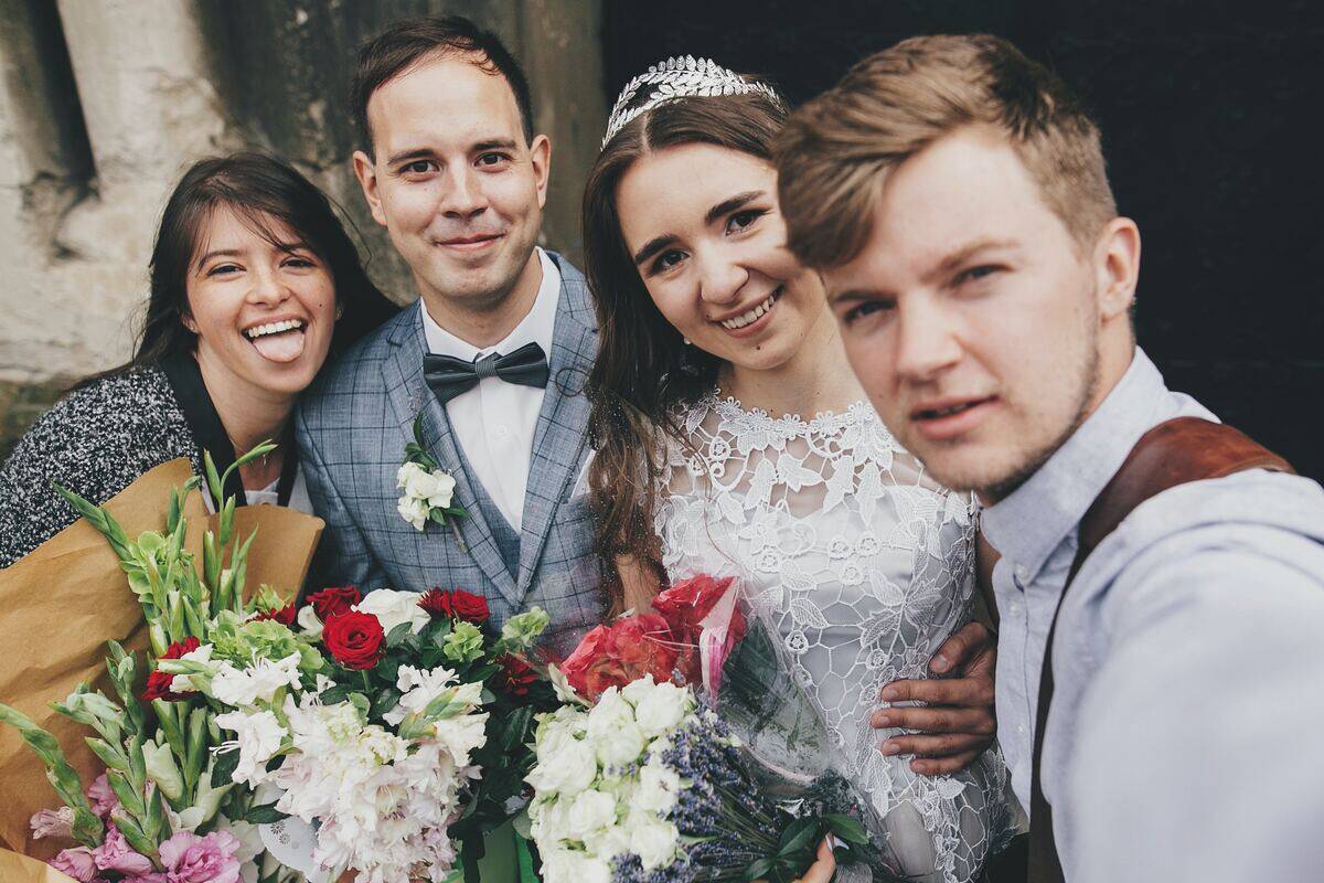 wedding guests looking at camera