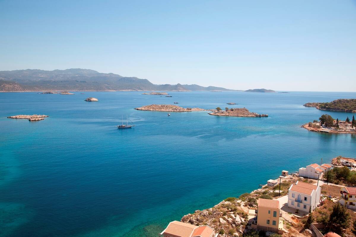 Island Of Kastelorizo Or Megisti. Panorama With The Coast Of Turkey. Mediterrean Coast. Greece