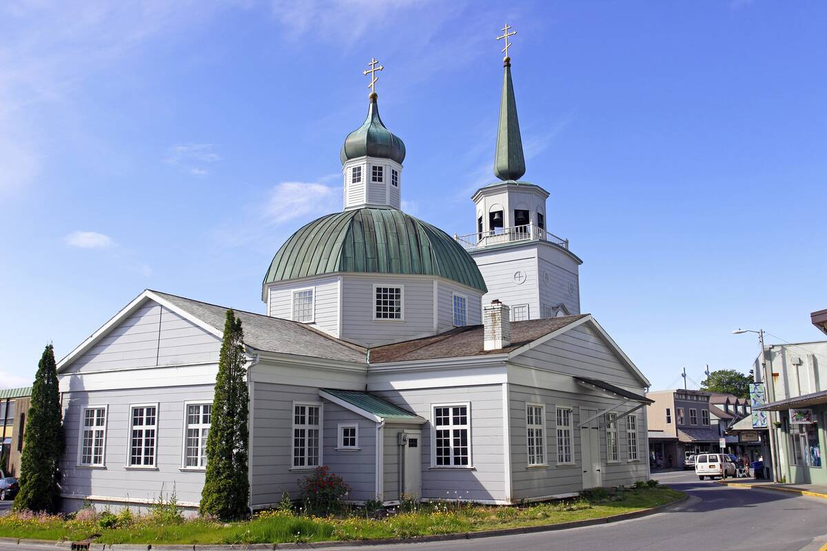 Dome and steeple cross St. Michael's Russian Orthodox Church Cathedral Sitka Alaska Inside Passage Southeast Alaska USA