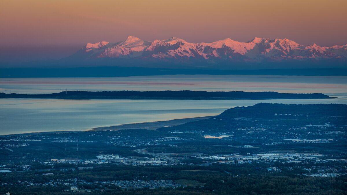 Panoramic View Overlooking Anchorage Alaska at sunrise