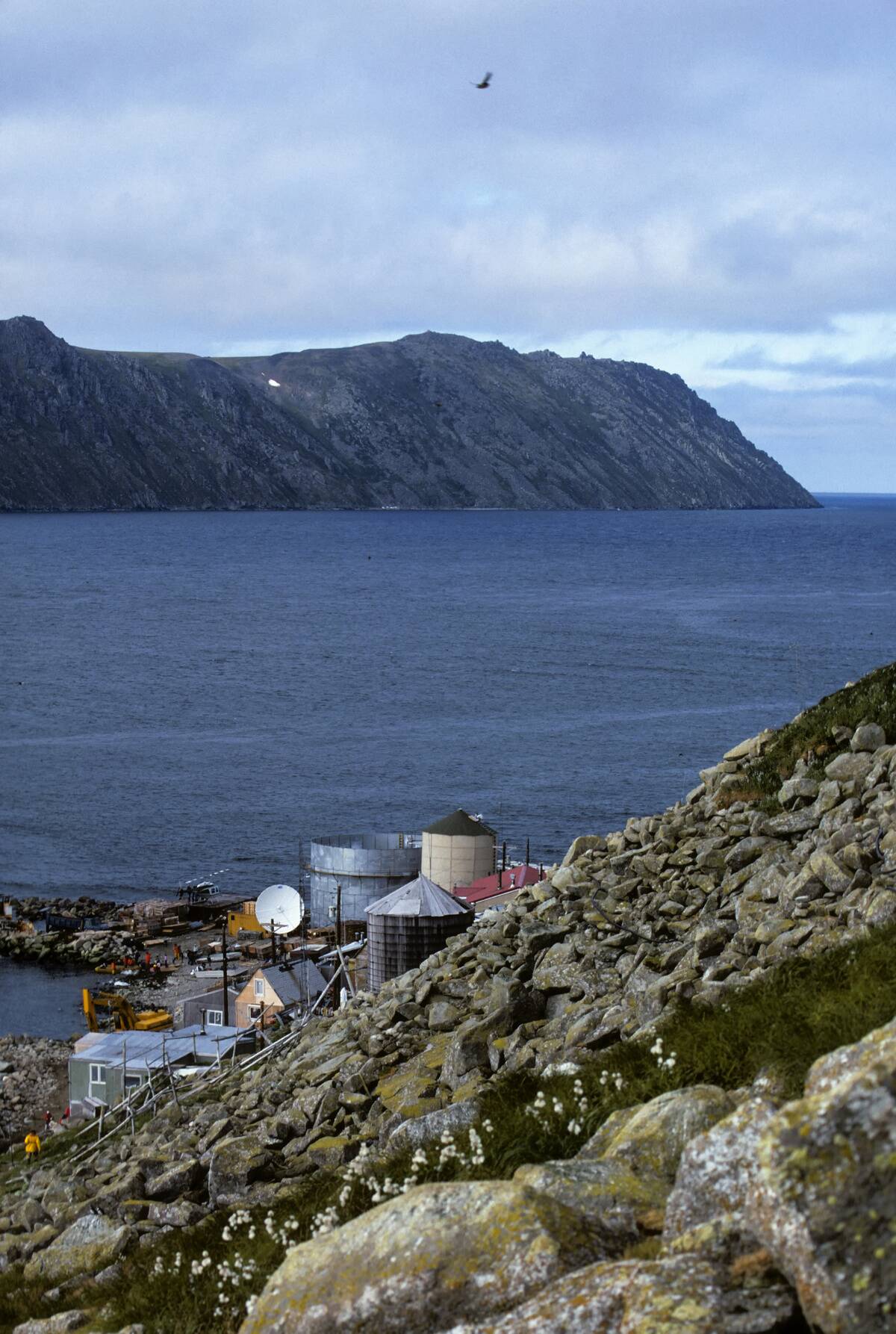 USA, Alaska, Little Diomede Island, Inuit Village With Big...