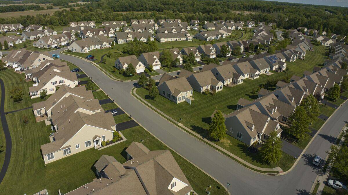Modern row houses in suburbs of Delaware seen from elevated view, Maryland