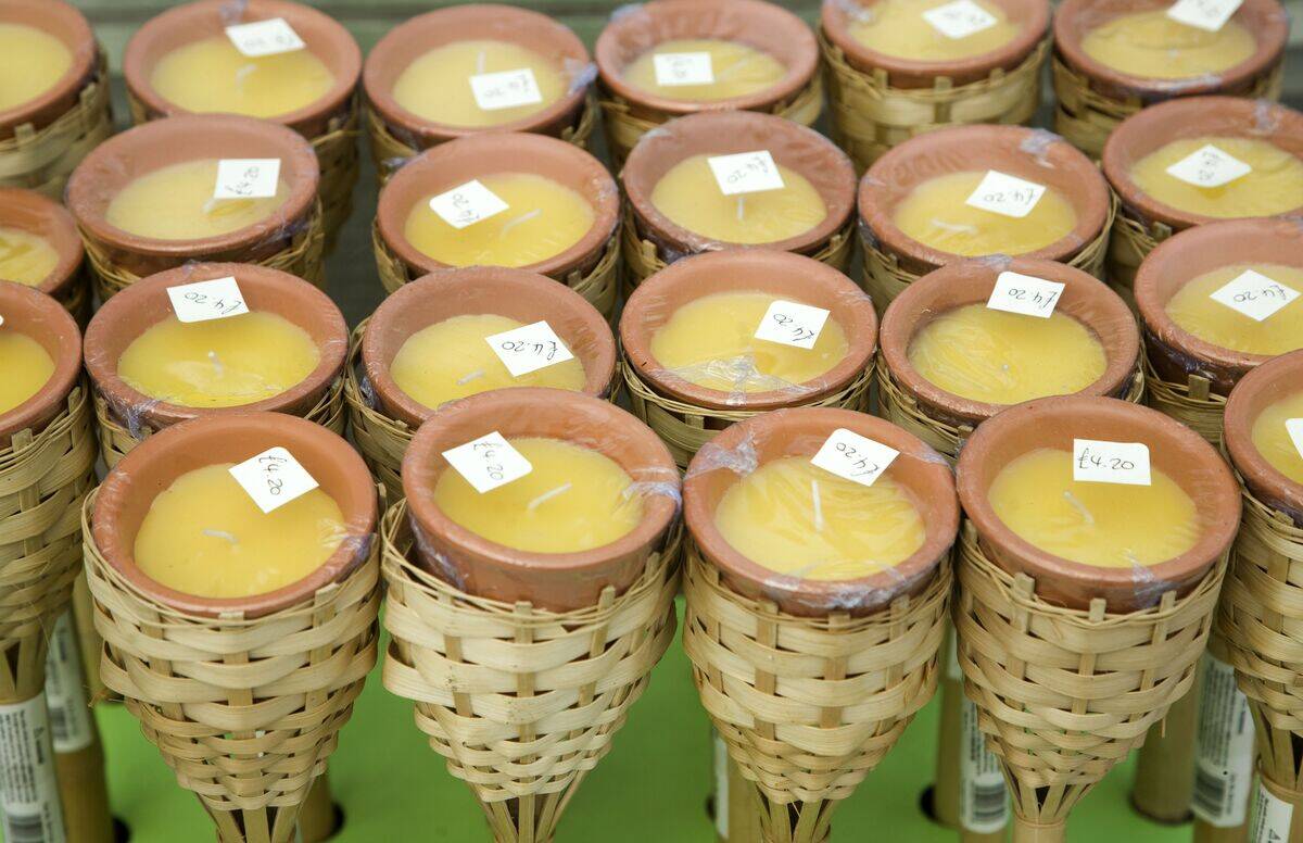 Yellow citronella candles on display in a garden centre
