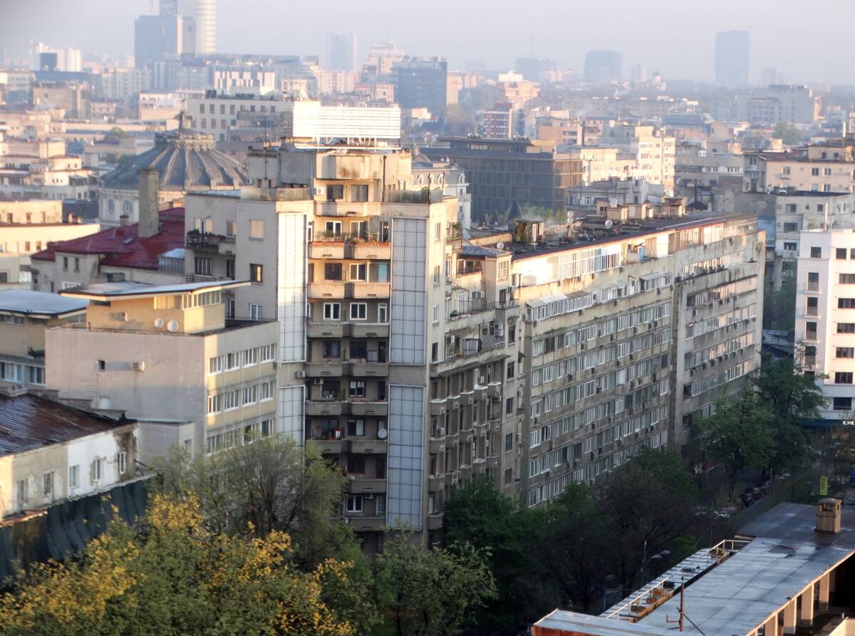 Stalinist era, soviet style buildings on the skyline of Bucharest, the Romanian capital 2022