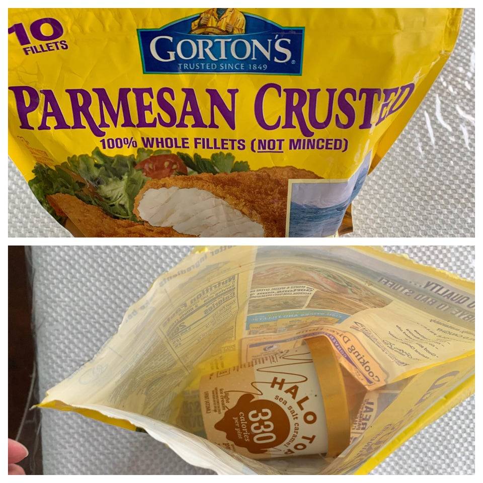 Hidden ice cream in frozen fish bag