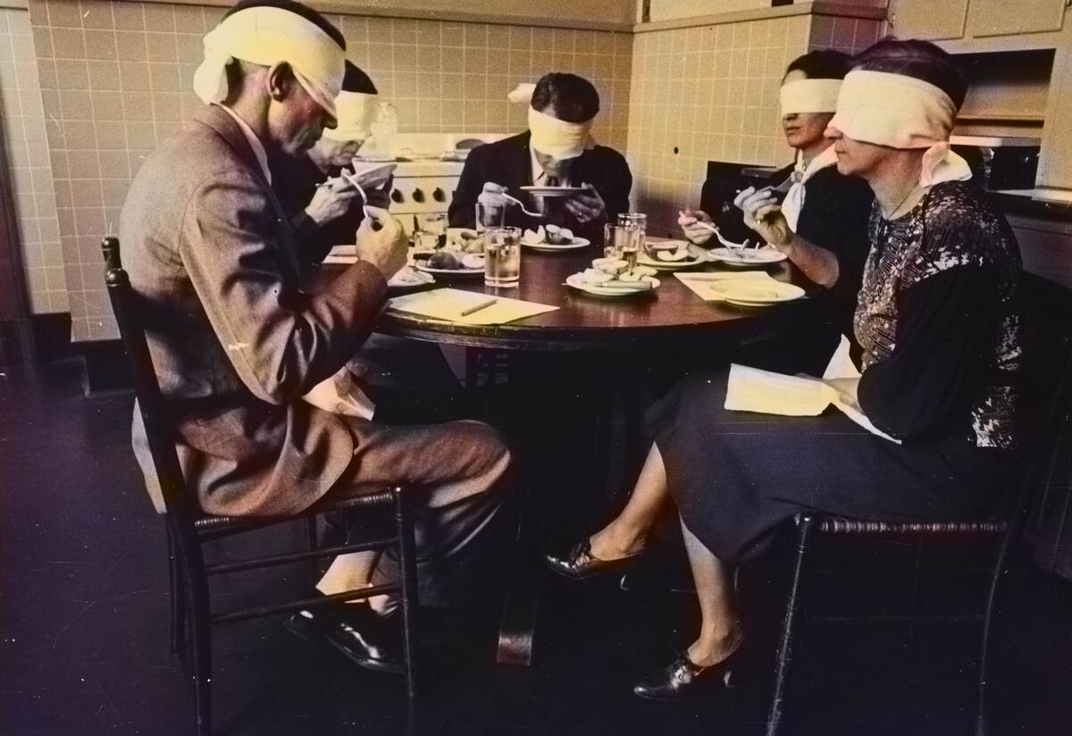 Blindfolded Focus Group In Mock Kitchen (Colorized)