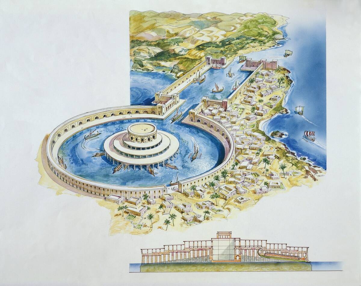 Tunisia - Carthage. Reconstruction of the two Punic ports, drawing