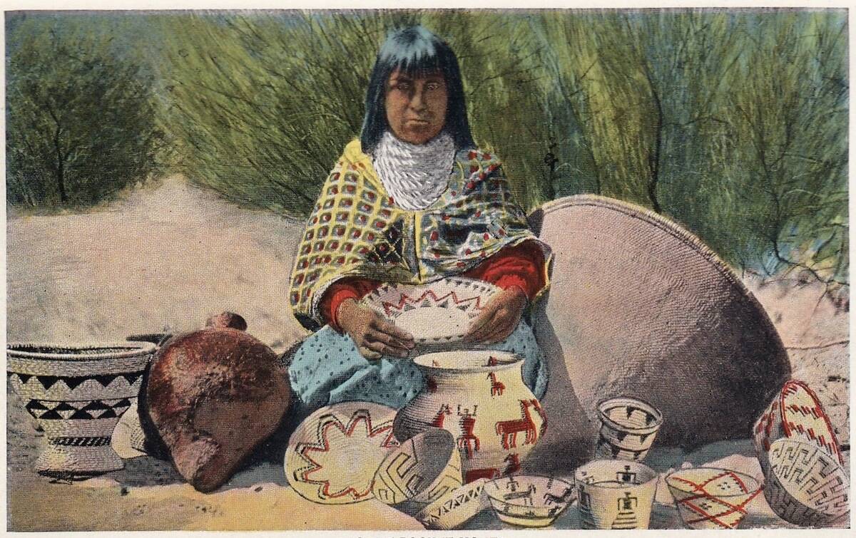 Vintage souvenir postcard, Apache Basketry, Indian Life in the Southwest series, 1937