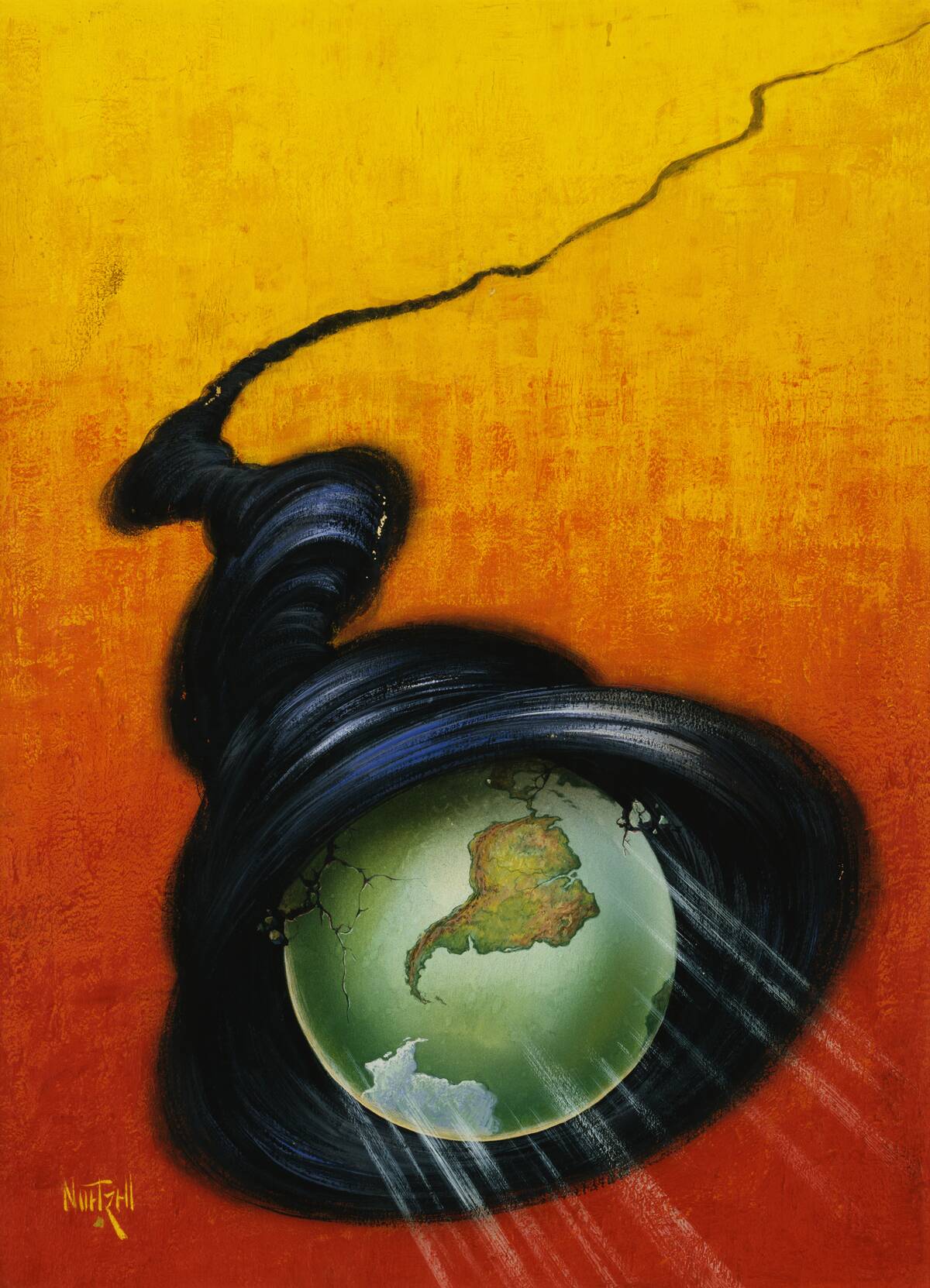 Painting of Science Fiction Scene of Earth Caught in a Black Hole by Albert A. Nuetzell, for the Story The Funnel of God