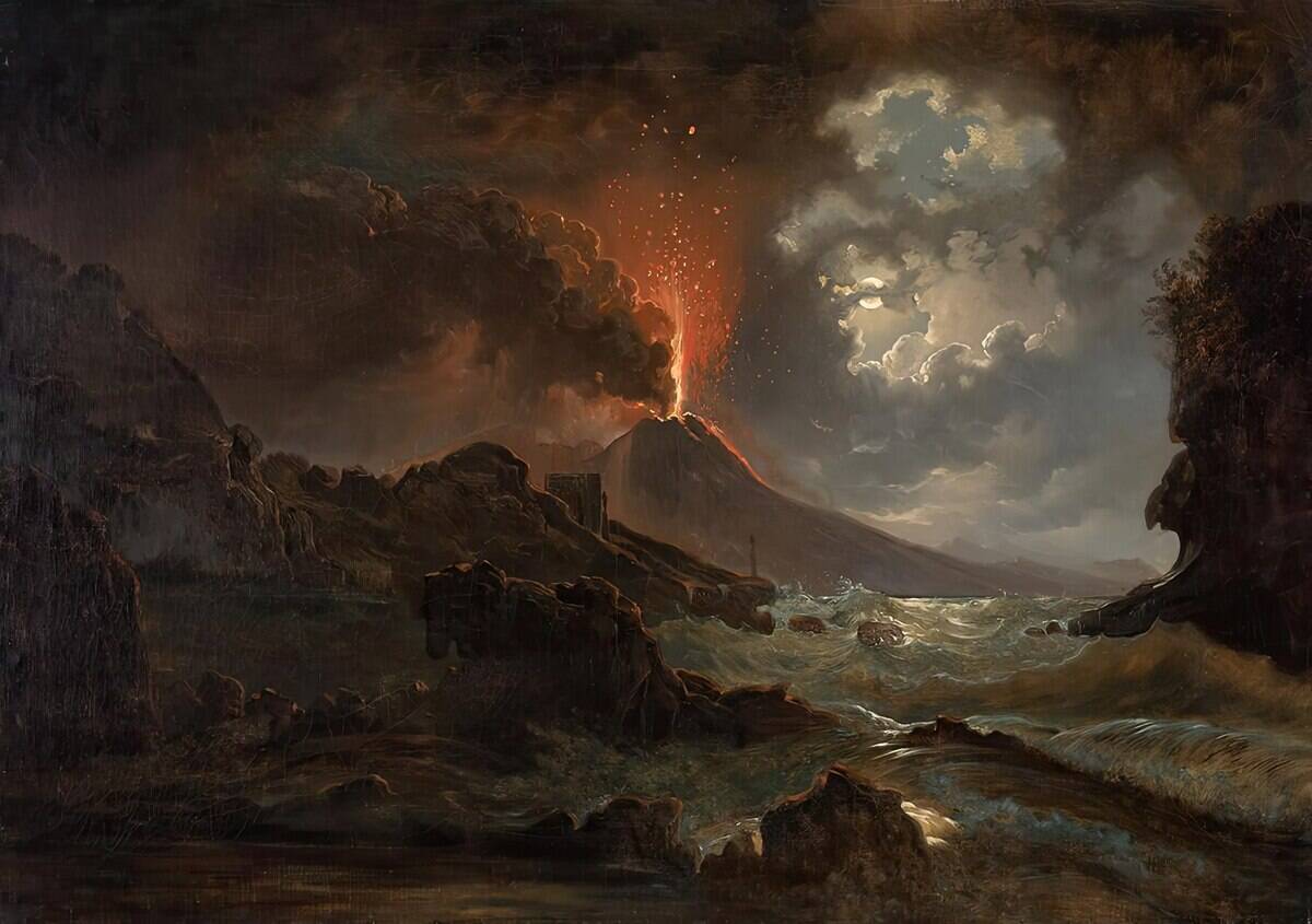 Vesuvius Eruption At Night With A View Of The Scuola Di Virgilio