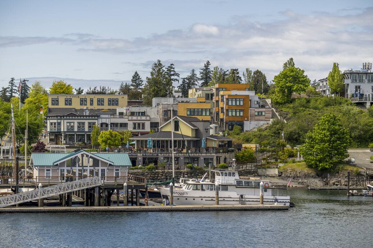 View of Friday Harbor and the marina on San Juan Island in...