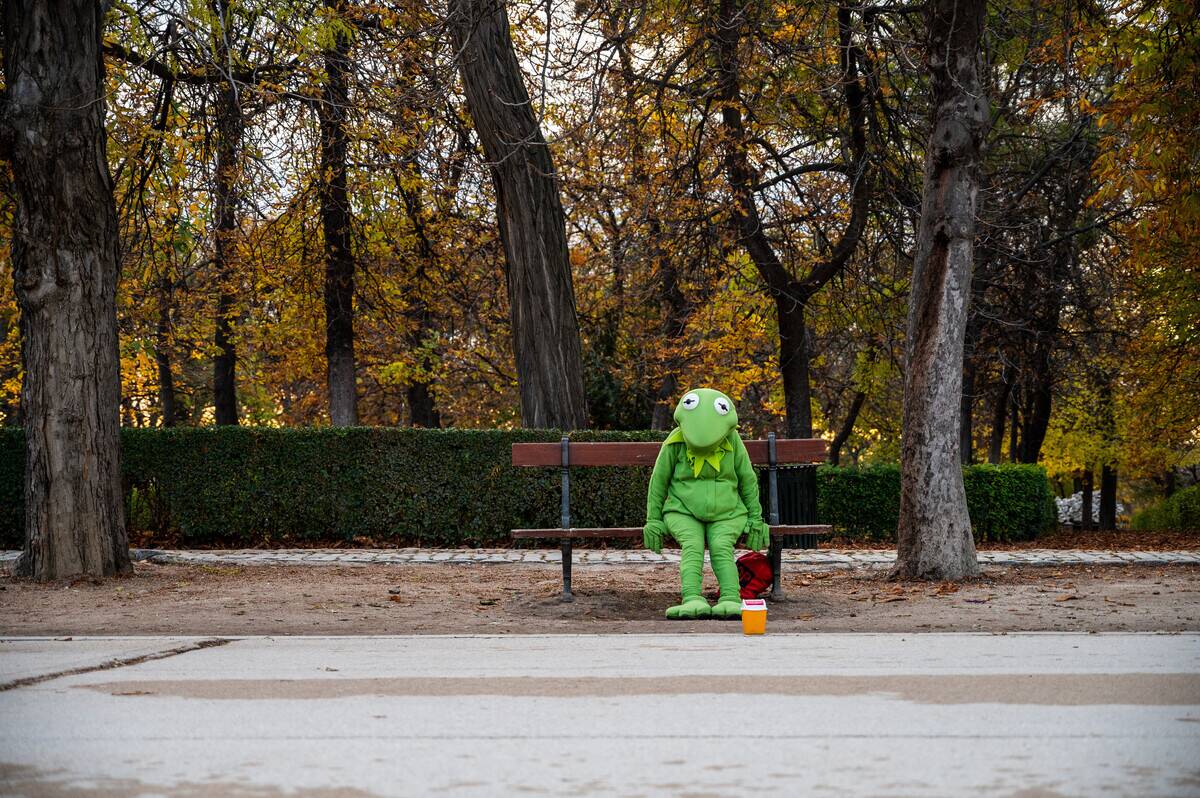 A man dressed as Kermit the Frog sits alone on a bench in...