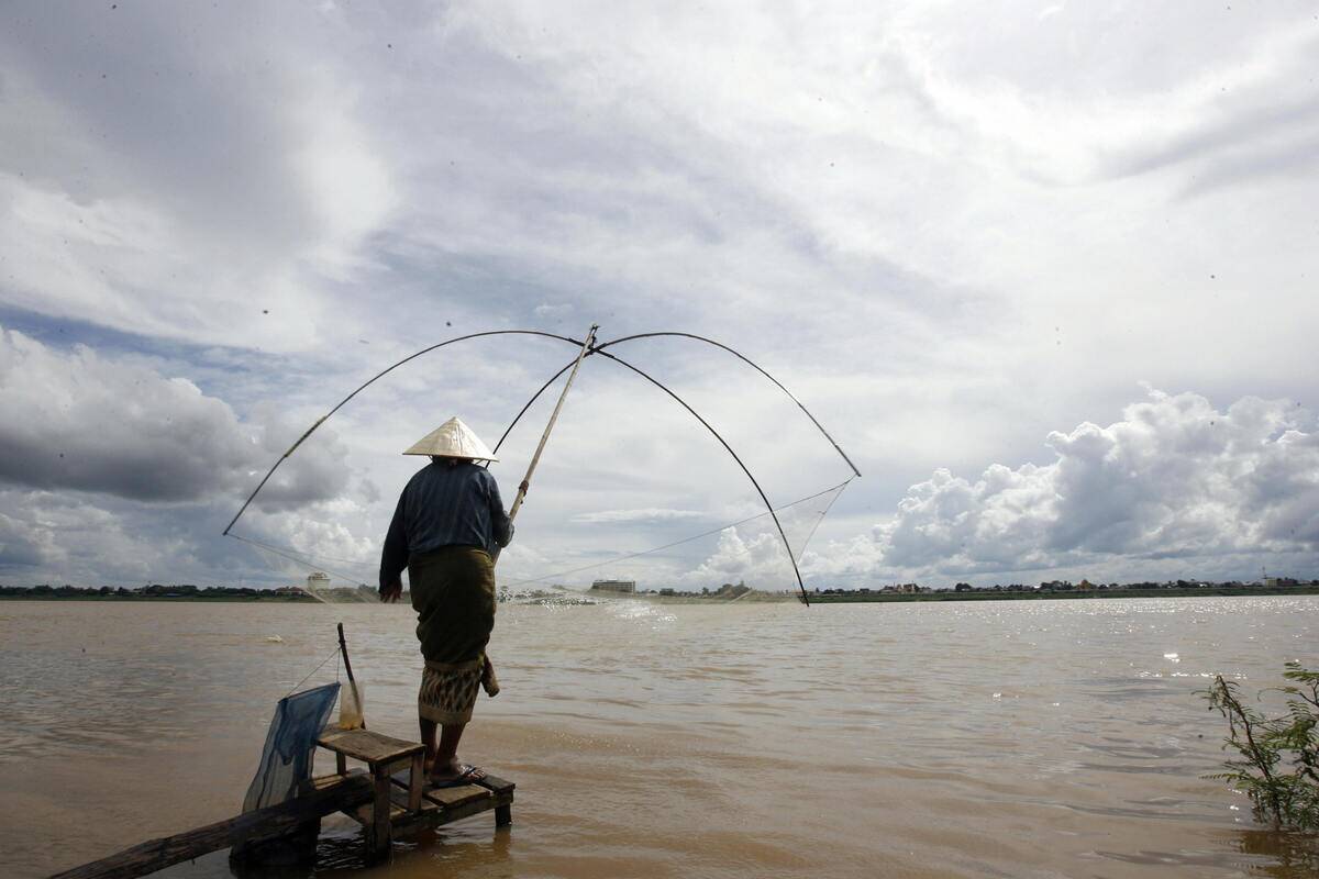 A woman lifts up a fishing net from the...