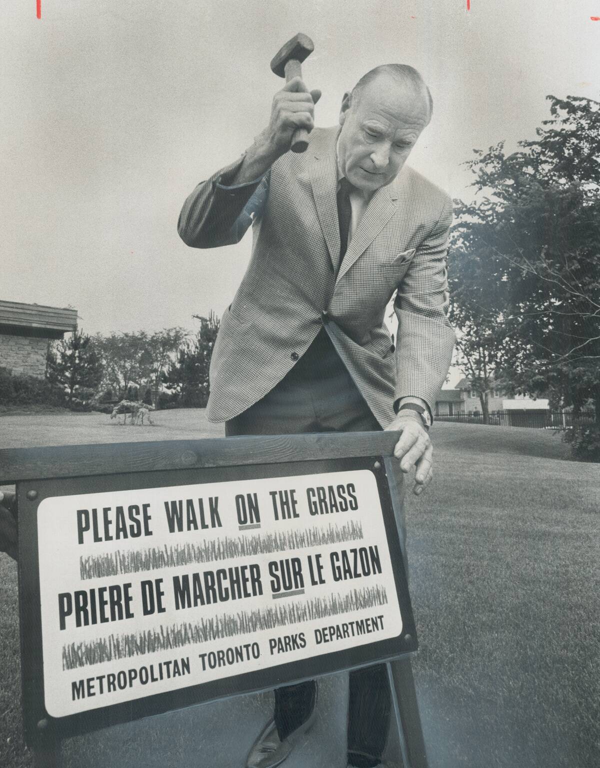 Bilingual invitation. The first bilingual invitations to Please Walk on the Grass were hammered into