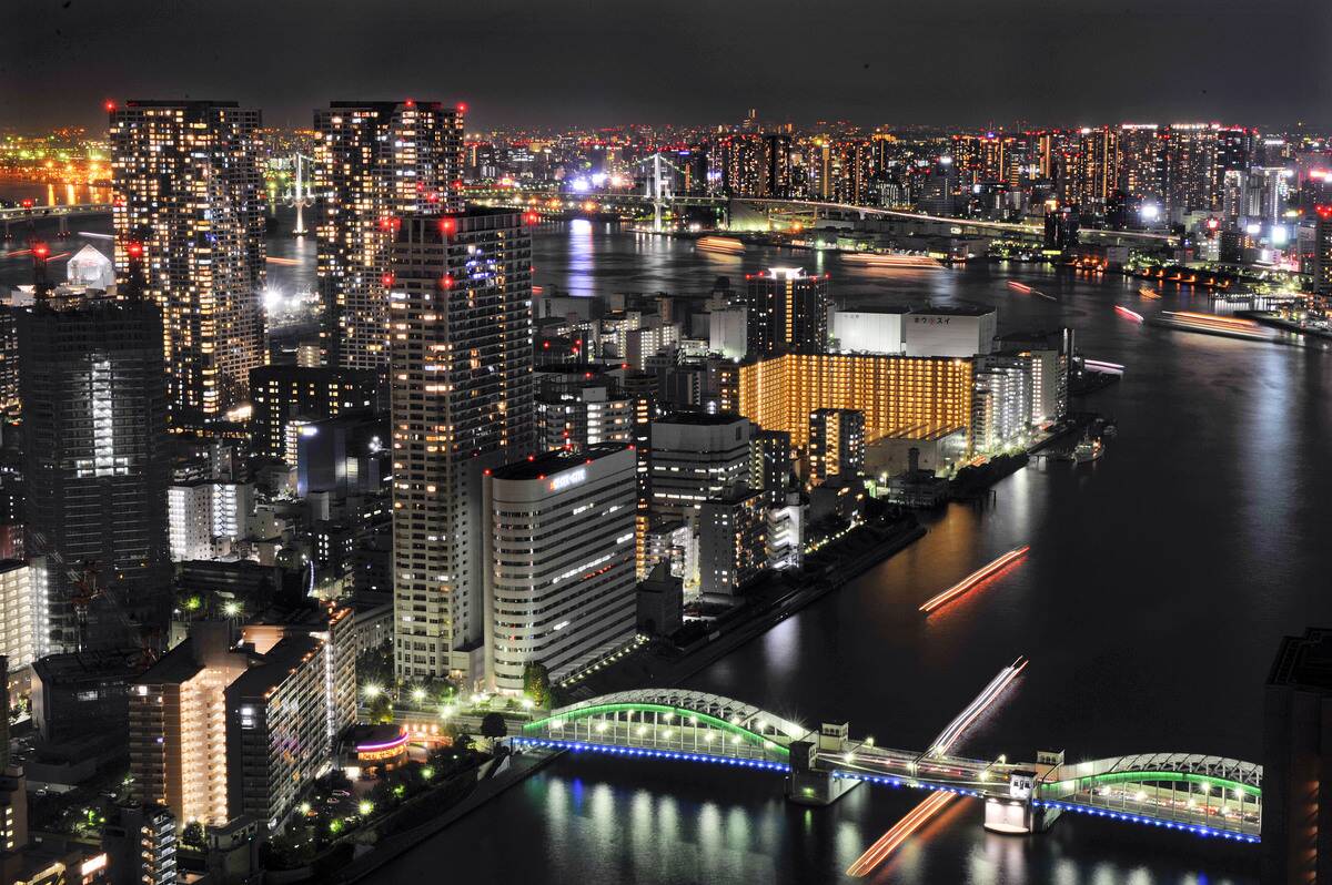 Buildings near Harumi pier are illuminated at night in Tokyo