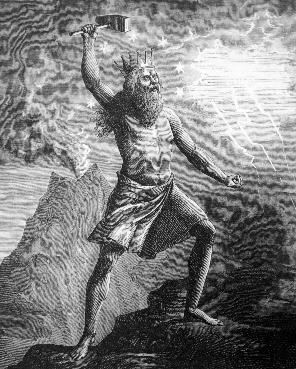 Engraving depicting Thor wielding his hammer