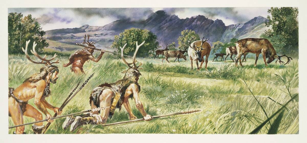 Reconstruction of daily life and environment of primitive people, hunting scene, drawing