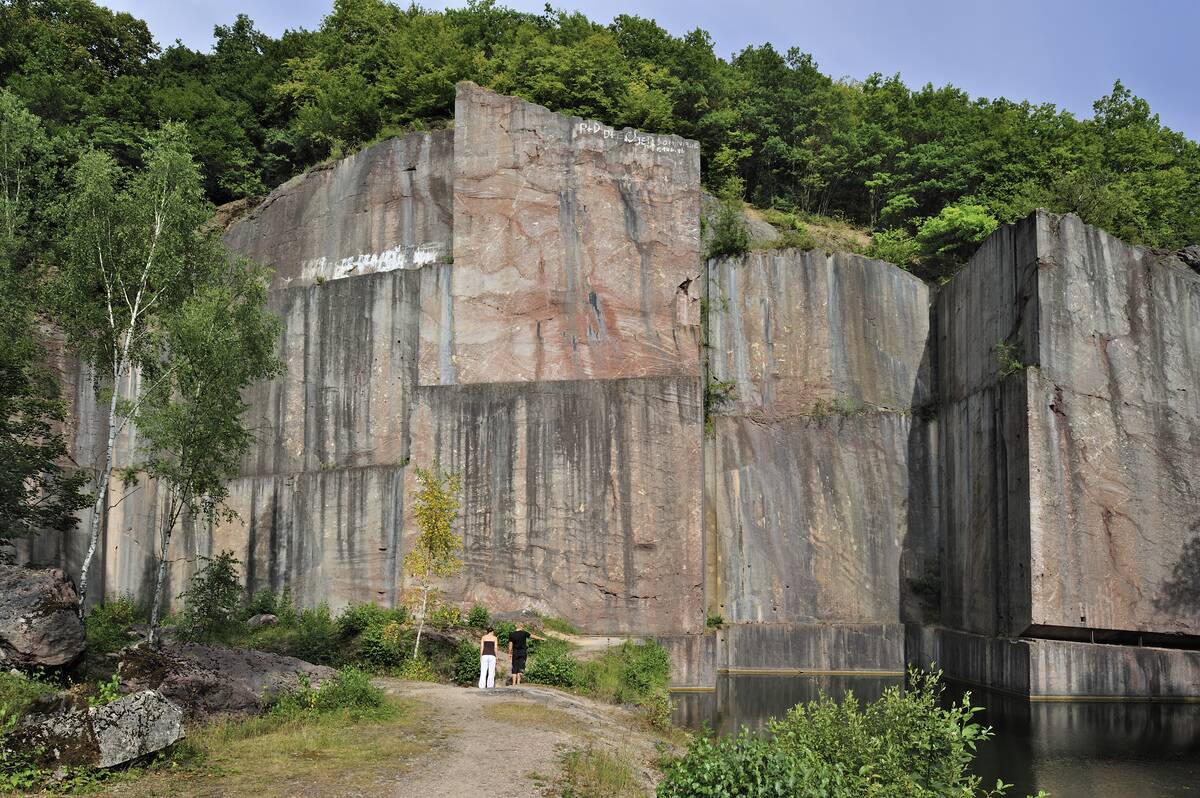 The abandoned red marble quarry Carriere de Beauchateau at Senzeilles in the Belgian Ardennes, Belgium