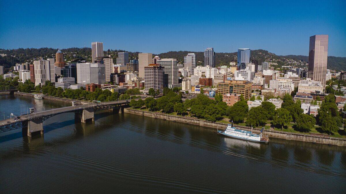 Aerial view of Willamet River running through downtown Portland Skyline, Oregon