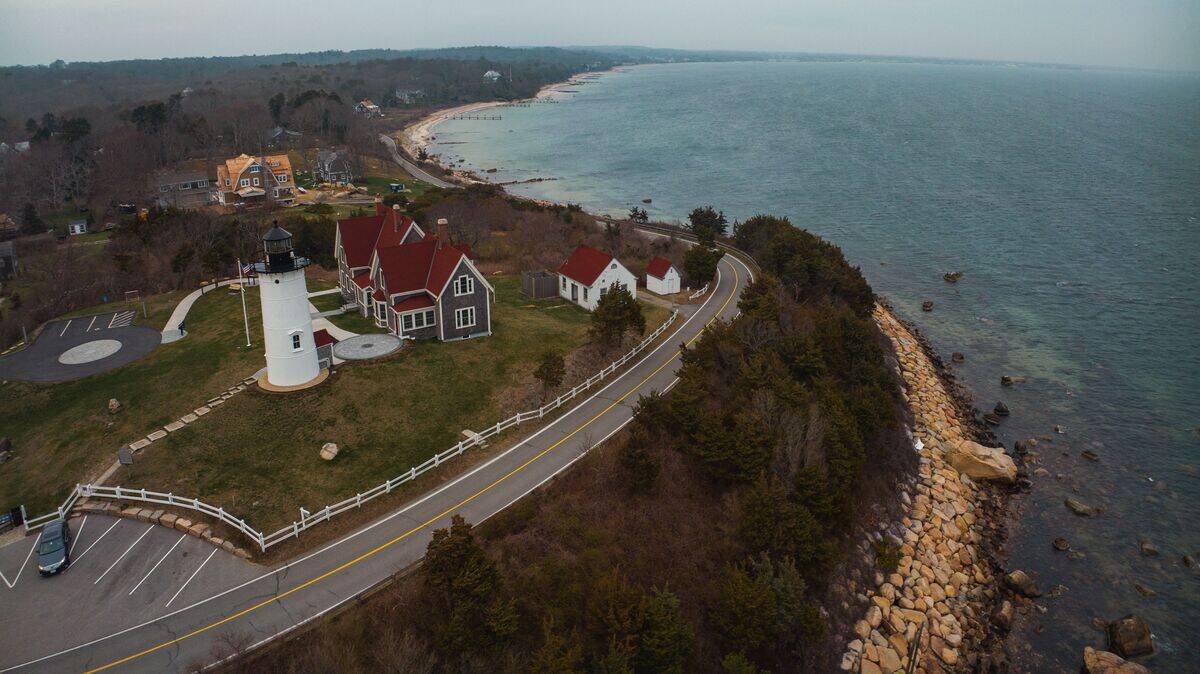 Drone view of famous Nobska, Falmouth Light house, Woods Hole, Cape Cod, Massachusetts