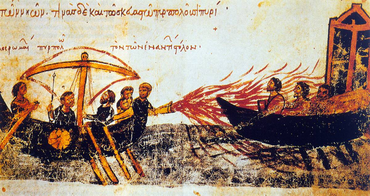 Image from the Skylitzes manuscript in Madrid, showing Greek fire in use against the fleet of the Byzantine rebel Thomas the Slav.