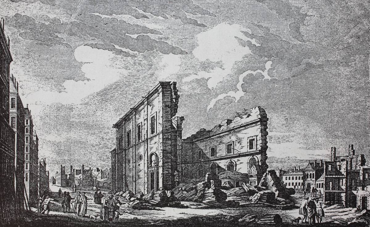 Lisbon, Portugal, after the earthquake 1755, square and church of St. Paul.