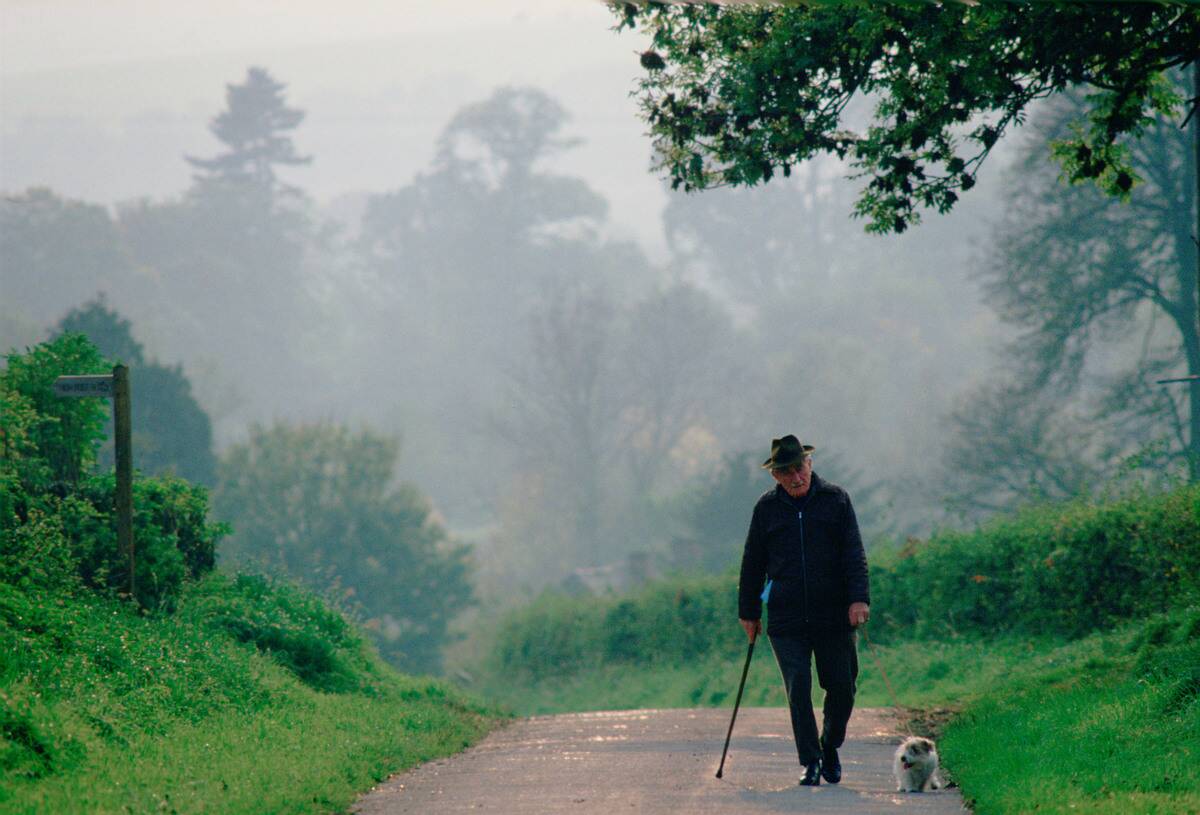 Old Man In Country Lane with Dog, England