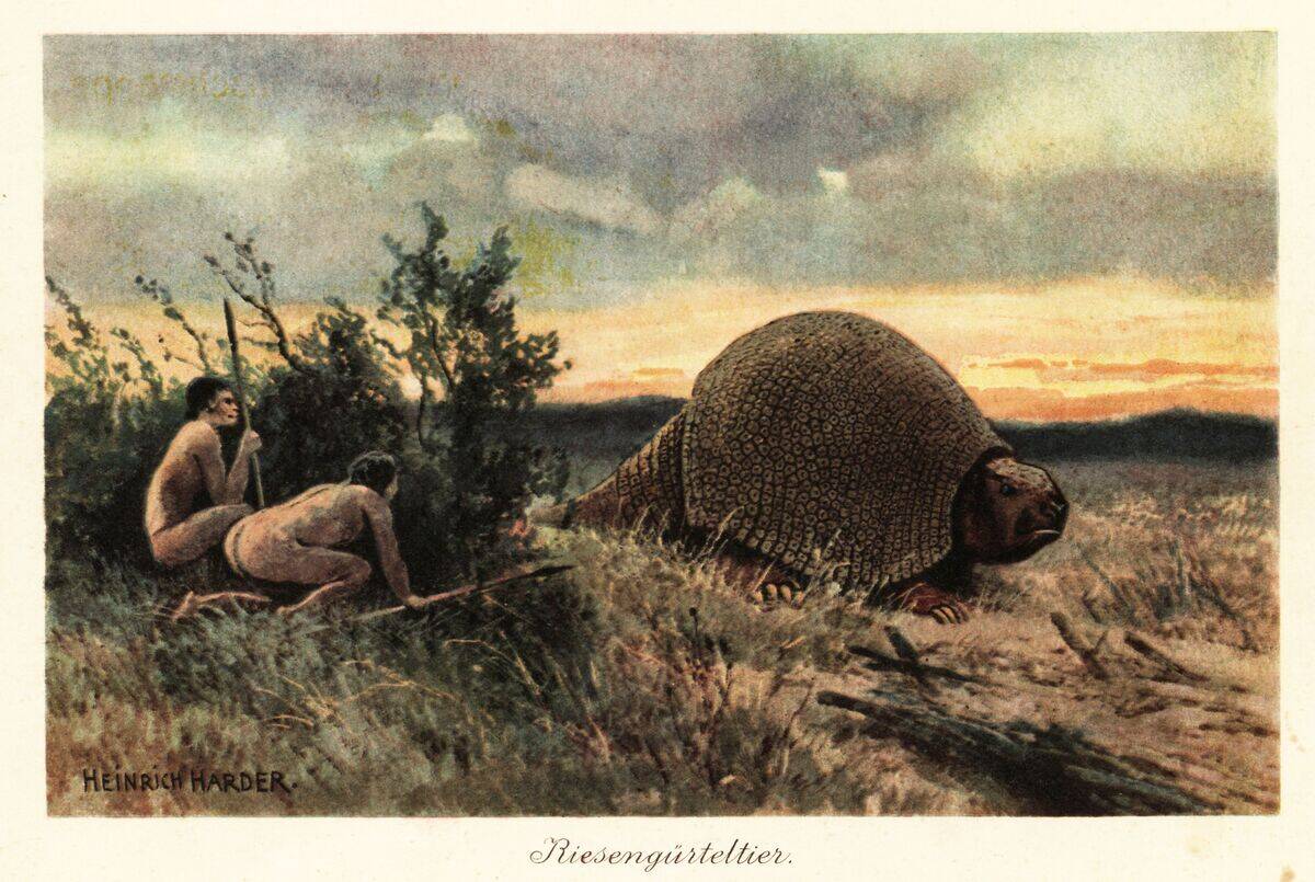 Primitive men with spears hunting a glyptodon